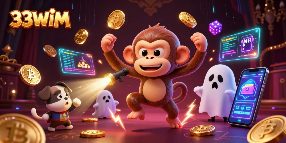 Engage with 33WIM's thrilling gaming scene featuring a playful monkey and ghost-hunter puppy.