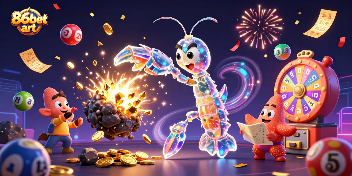 Engage with 86bet art as the mantis shrimp hero breaks asteroids for golden prizes in this vibrant casino adventure.