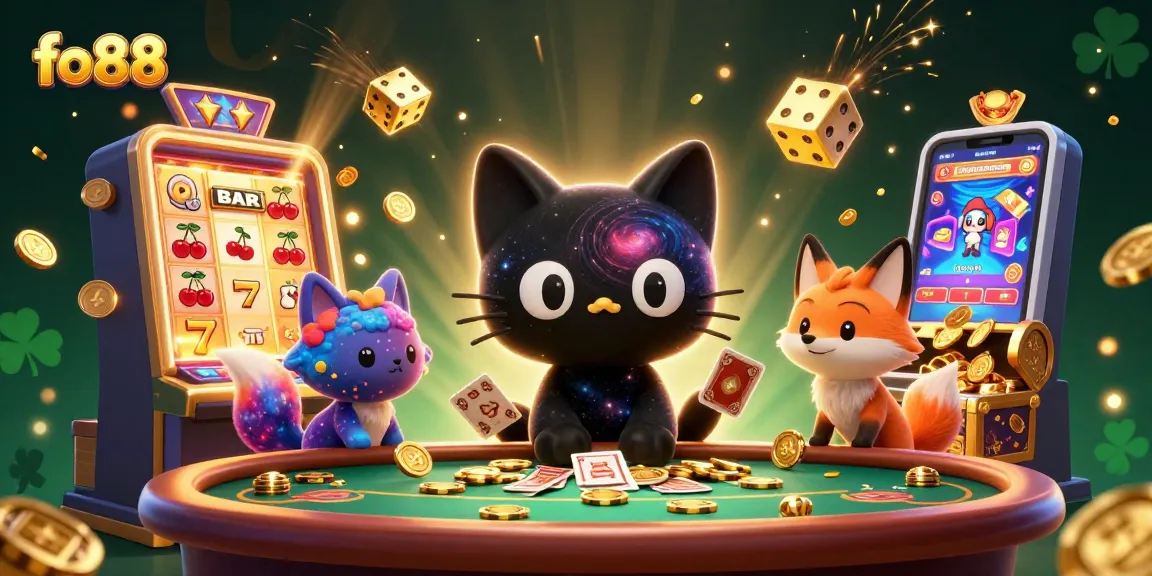 Engage with fo88 by spinning jackpots at a colorful casino table with vibrant characters.