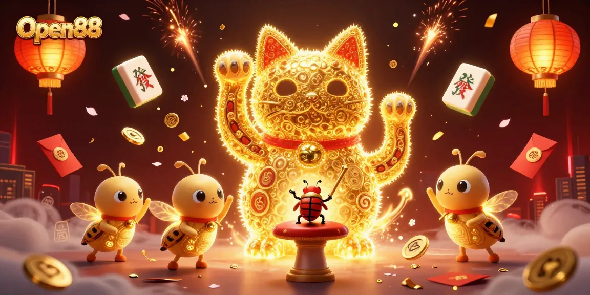 Experience the excitement of Open88 with a dynamic 3D illustration showcasing a giant lucky cat amidst vibrant casino symbols.