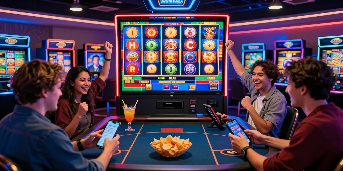 Exciting online slot game scene with diverse players celebrating wins amidst vibrant digital displays.