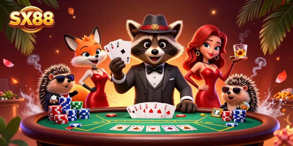 SX88 action with a suave raccoon, dynamic poker scene, showcasing vibrant casino atmosphere