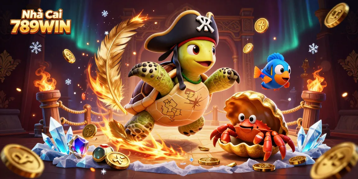 Engage with Nhà cái 789WIN, featuring a turtle, crab, and parrotfish amidst vibrant casino elements.