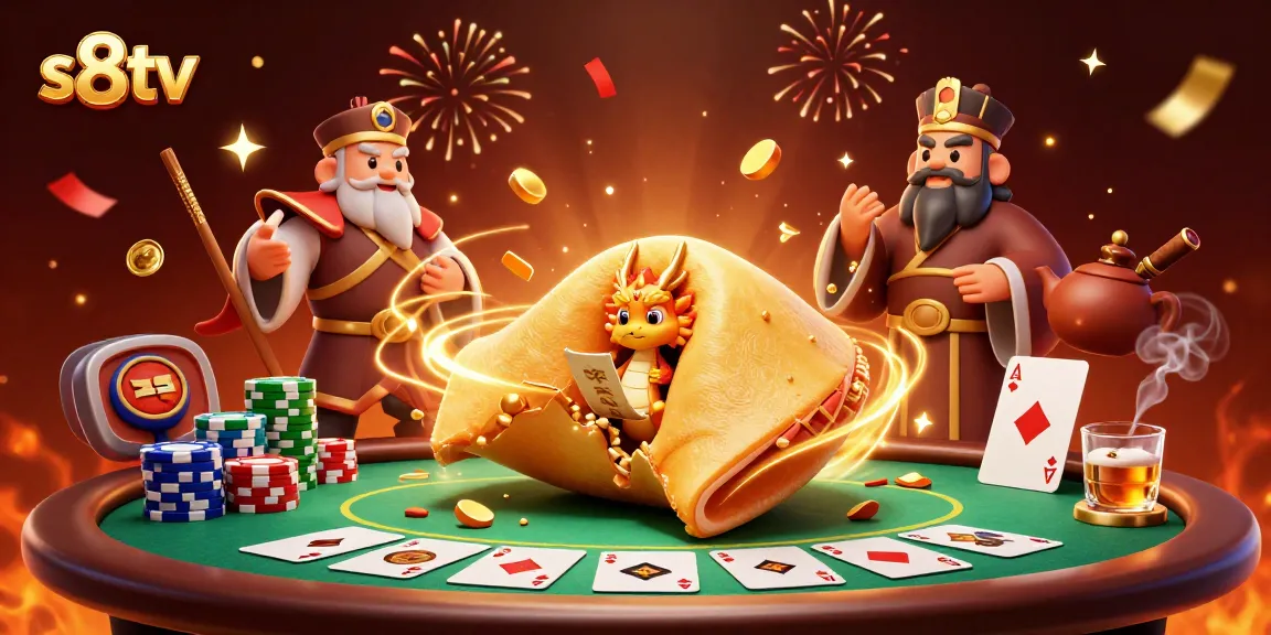 Engaging scene with s8tv and dynamic poker elements, featuring a golden fortune cookie.
