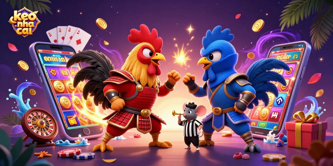 Engage with the intense keo nha cai showdown between fighting roosters in a vibrant casino scene.