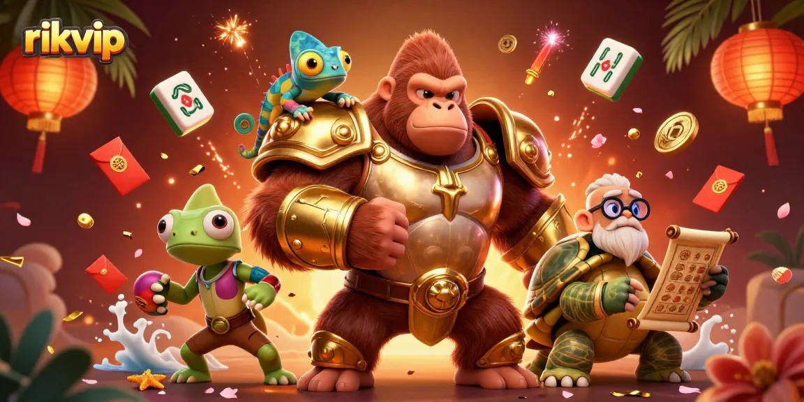 Join the excitement at rikvip with a vibrant 3D scene of a powerful gorilla king and his companions amid a rich casino landscape.