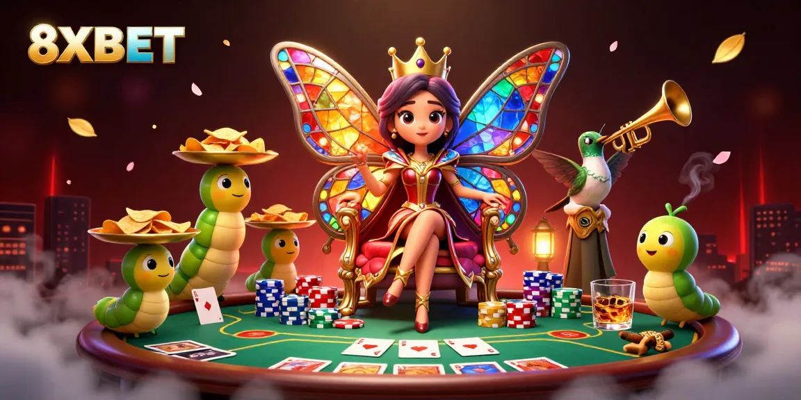 Engage with the vibrant gaming atmosphere at 8XBET featuring animated characters, poker elements, and festive decor.