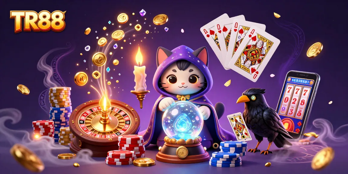 Win big with TR88 in this vibrant casino scene showcasing a fortune teller cat and glowing raven.