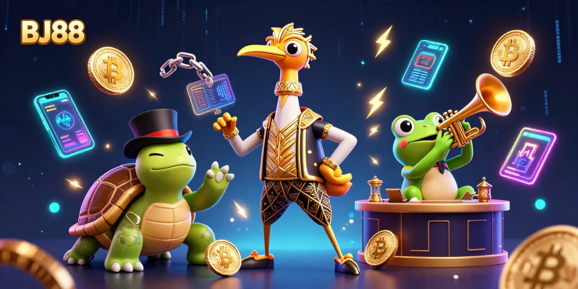 BJ88 showcases vibrant casino characters amidst energetic neon gambling elements and cryptocurrency.