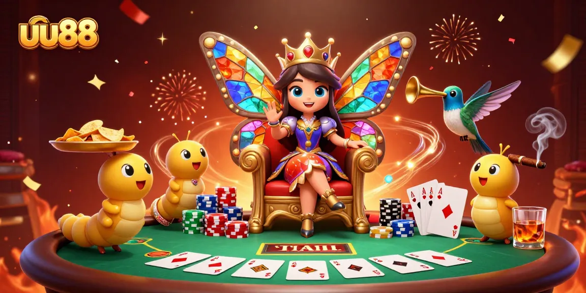 Engage in thrilling poker action at uu88, featuring a colorful scene of a butterfly queen and poker chips.