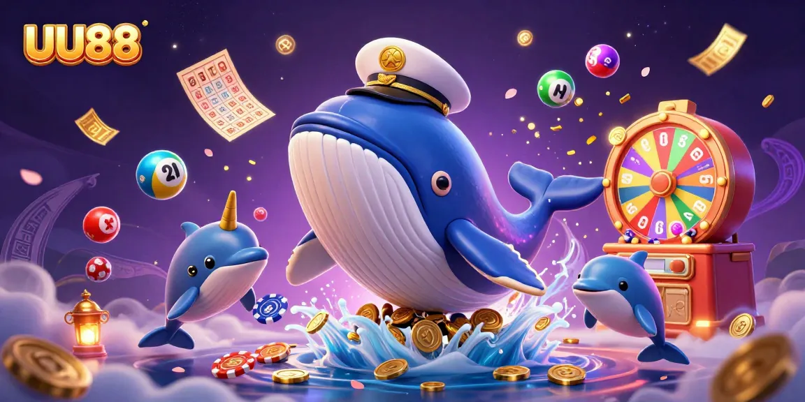 Engage with UU88's vibrant casino world featuring a whale, narwhal, and dolphins amidst dynamic games.