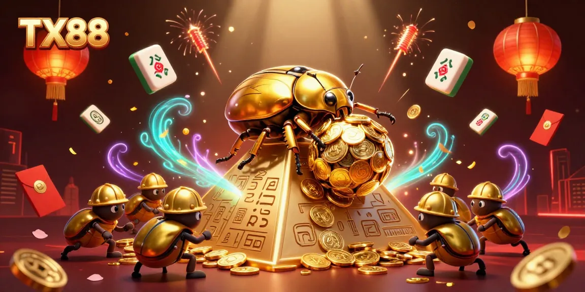 Experience exciting gaming at TX88 with golden beetles rolling coins in a vibrant casino scene.