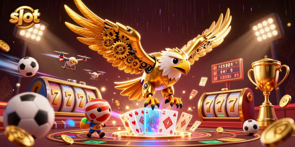 Enjoy thrilling slot experiences with a dynamic cybernetic eagle amidst vibrant casino elements.