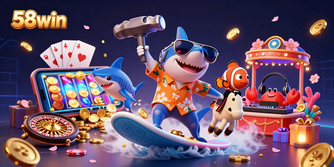 Experience the thrill of 58win with dynamic casino characters amid golden coins and slot games.