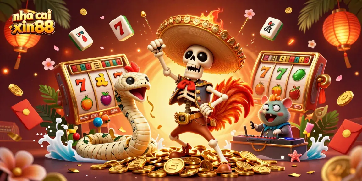 Experience the thrill of nha cai xin88 with vibrant casino motifs and festive characters in an engaging 3D illustration.
