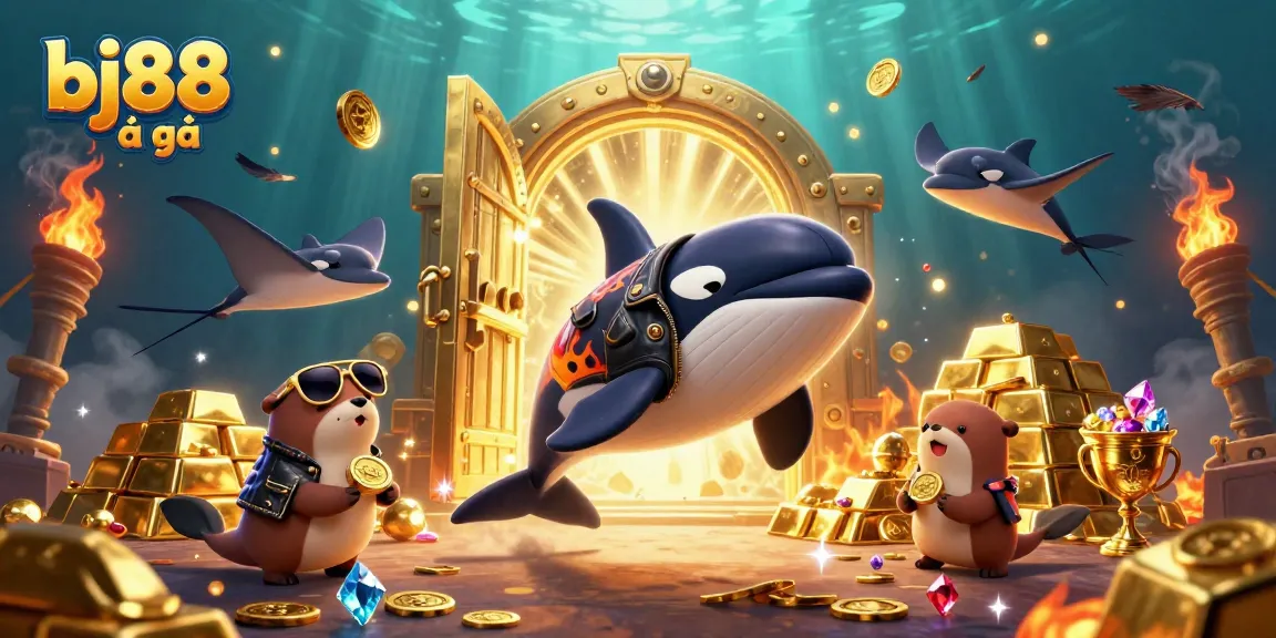 Experience the excitement of bj88 đá gà as cartoon characters celebrate amidst gold and treasures.