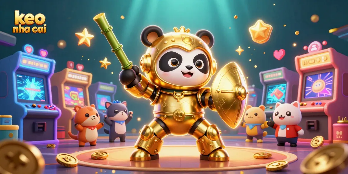 Experience keo nha cai in an epic scene with a golden panda piloting a bamboo robot and arcade elements.