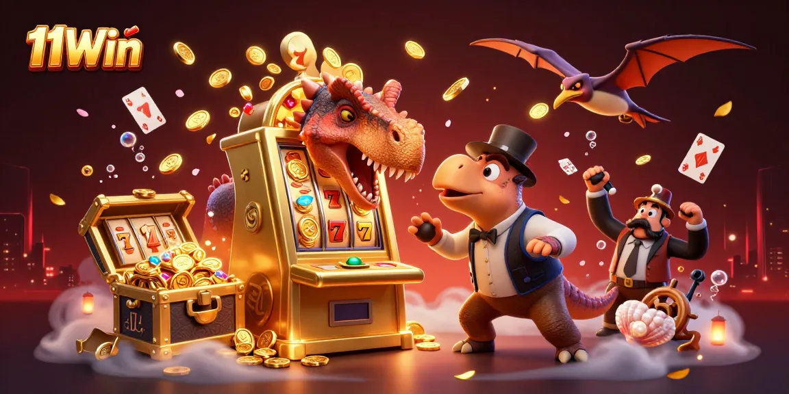 Experience a thrilling jackpot with 11Win as a dinosaur headbutts a slot machine, unleashing a cascade of coins.