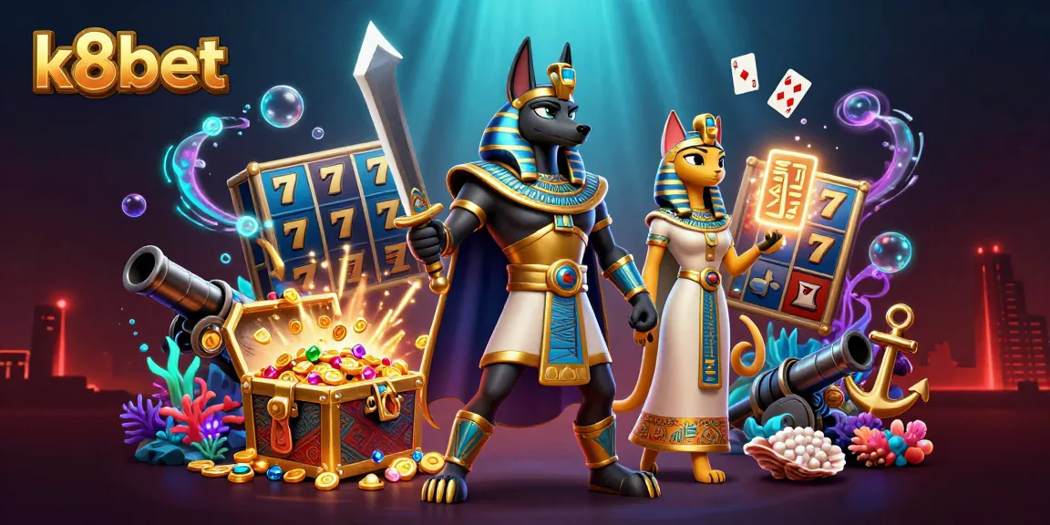 K8BET offers dynamic slot gaming experiences with Anubis and Bastet in a rich, illustrative scene.