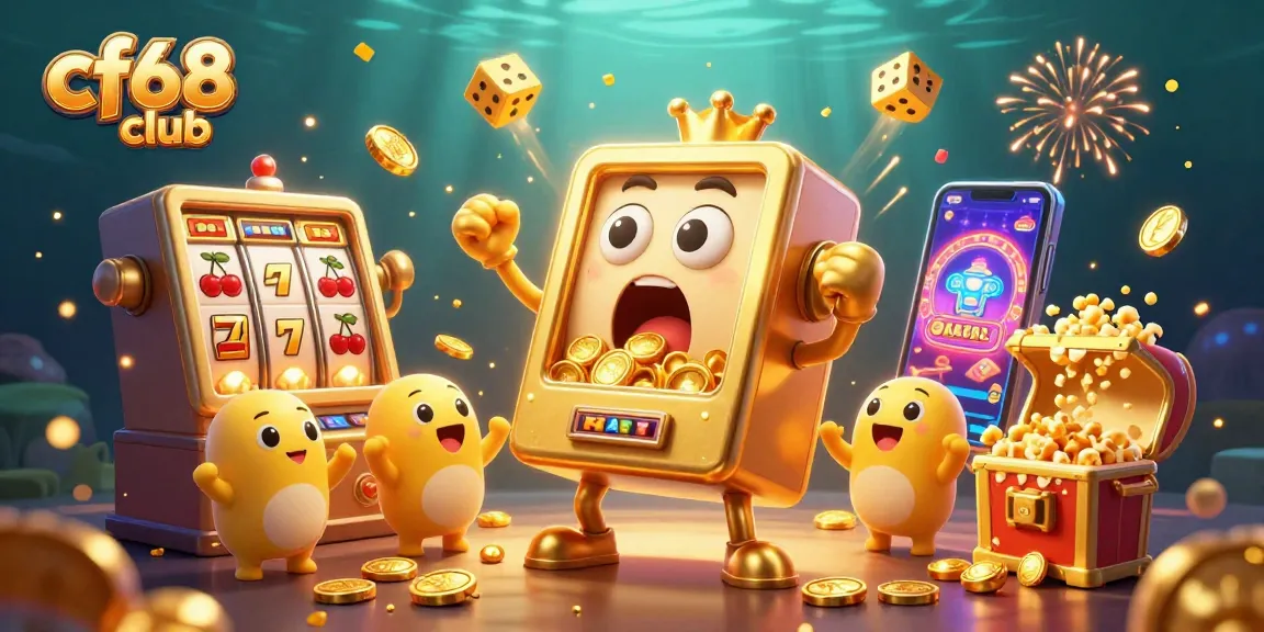 Engaging cf68 club scene of a golden slot machine hitting a jackpot, surrounded by cheering machines and fun elements.