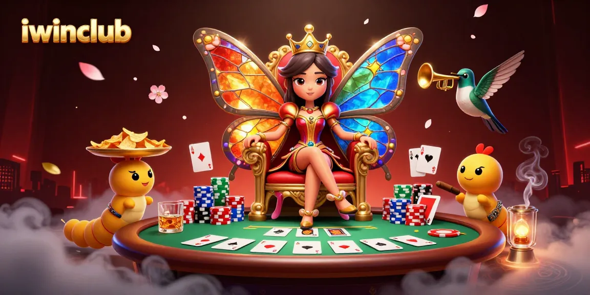 Engage in thrilling gaming adventures at iwinclub with a majestic butterfly queen presiding over an enchanting casino scene.