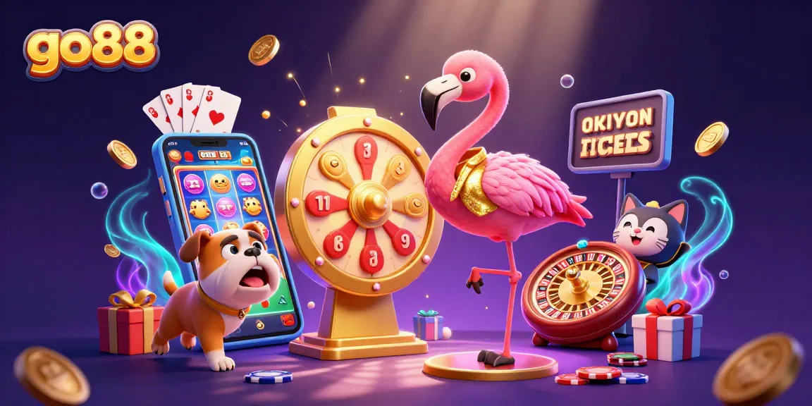 Experience the excitement of go88 with a vibrant illustration of a flamingo game show host spinning a jackpot wheel.