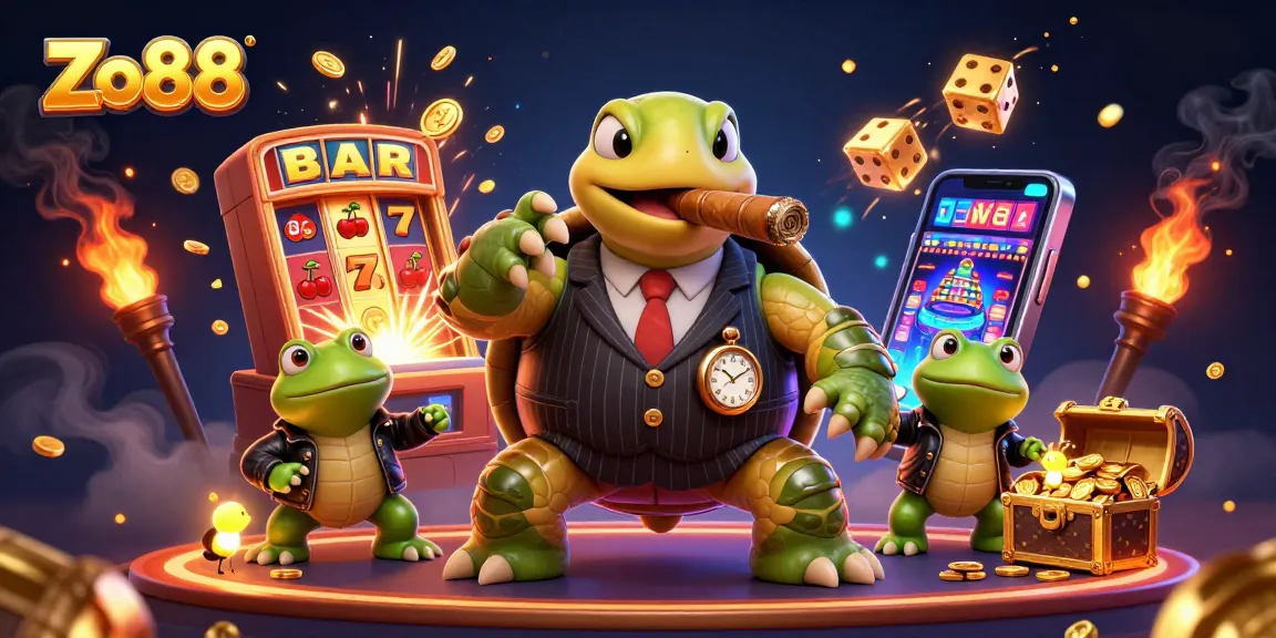 Join the interactive world of Zo88 with a massive turtle mobster amidst a colorful casino scene.