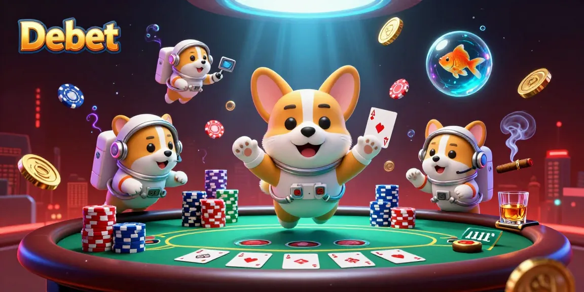 Debet showcases a playful scene of a corgi in a space casino with exciting gaming elements.