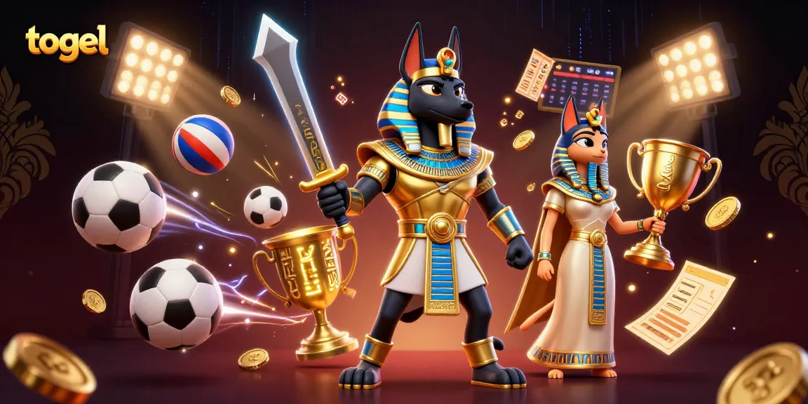 Engage in togel gaming with Anubis and Bastet in a vibrant, dynamic 3D casino scene.