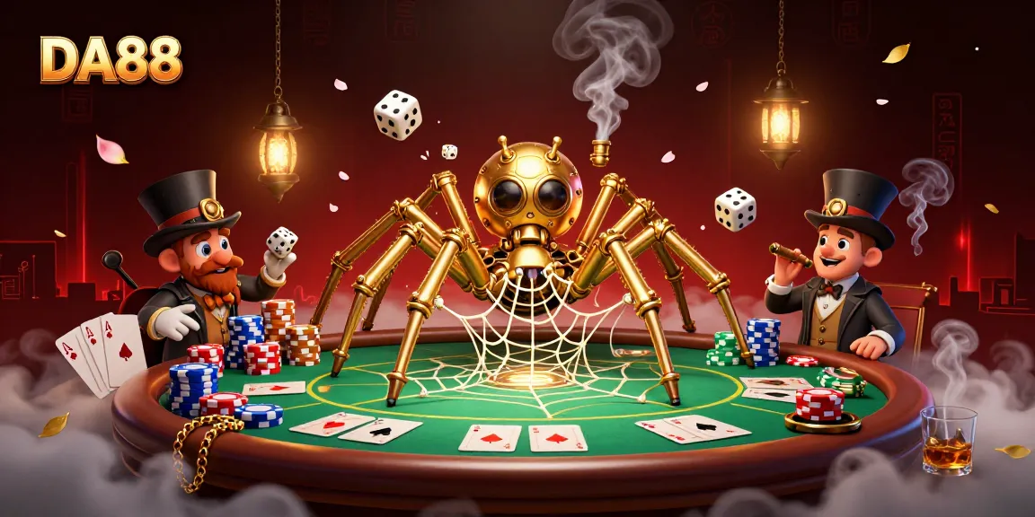 Engage with DA88, a steampunk spider capturing dice in a vibrant casino web scene adorned with poker elements.