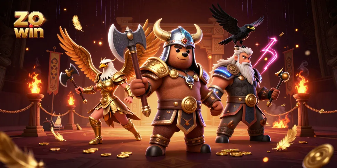 Engage with the thrilling action at zo win, featuring a Viking bear and Valkyrie in a dynamic casino scene.