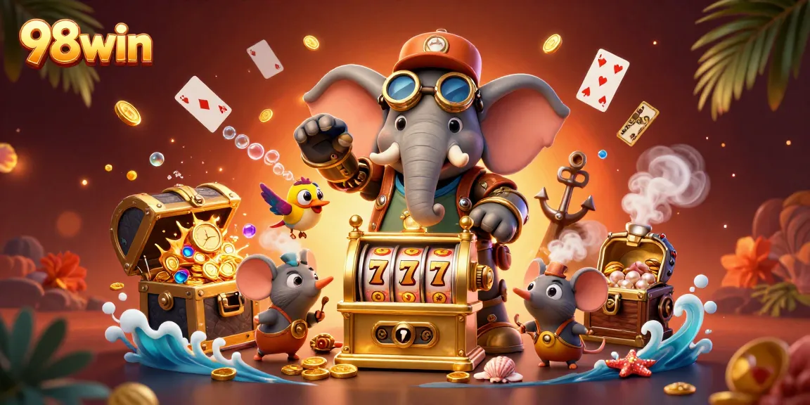 Engage in thrilling gameplay at 98win with a steampunk elephant operating a golden slot machine amid treasure and vibrant elements.