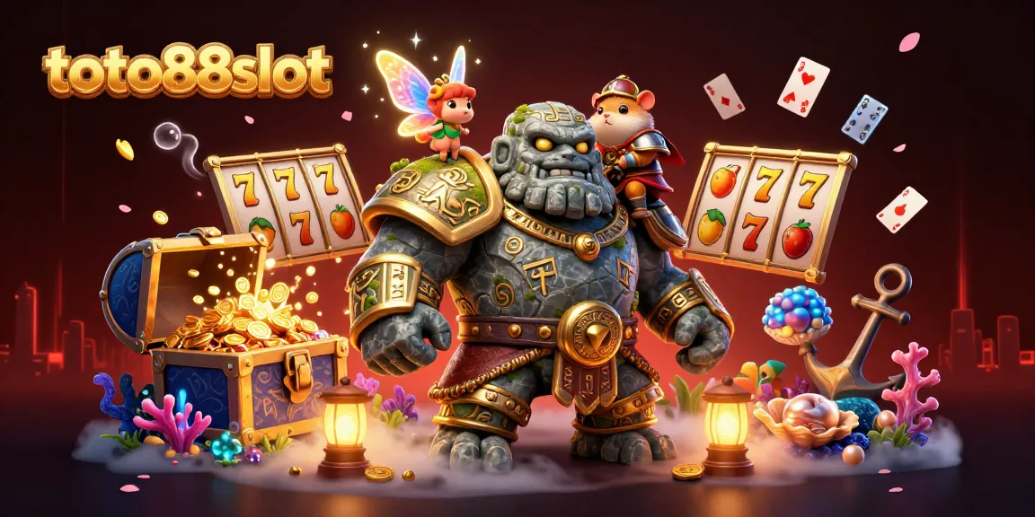 Toto88slot offers vibrant slot gaming with dynamic characters and colorful gems in an engaging casino scene.