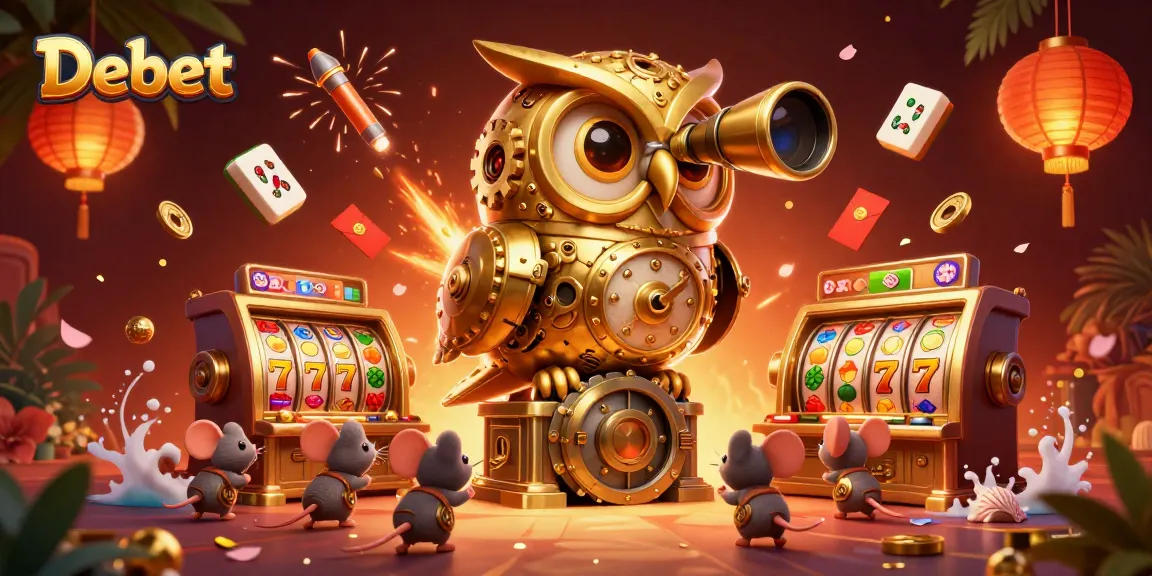 Debet casino illustration featuring a golden owl scanning a vibrant slot floor with lively game elements.