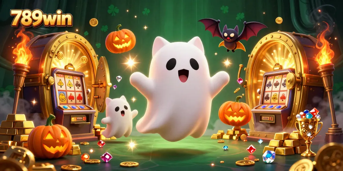 Engage in thrilling gameplay at 789win, featuring a vibrant ghost cat in a haunted casino scene.