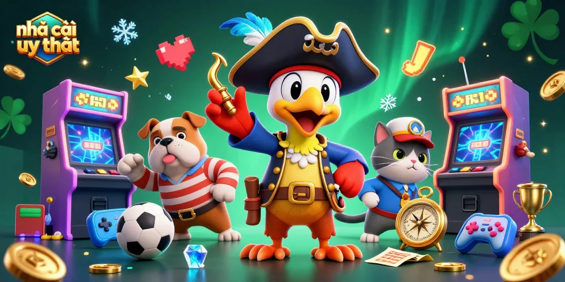 The dynamic scene illustrates nhà cái uy tín with vibrant casino elements featuring sports betting characters and arcade machines.