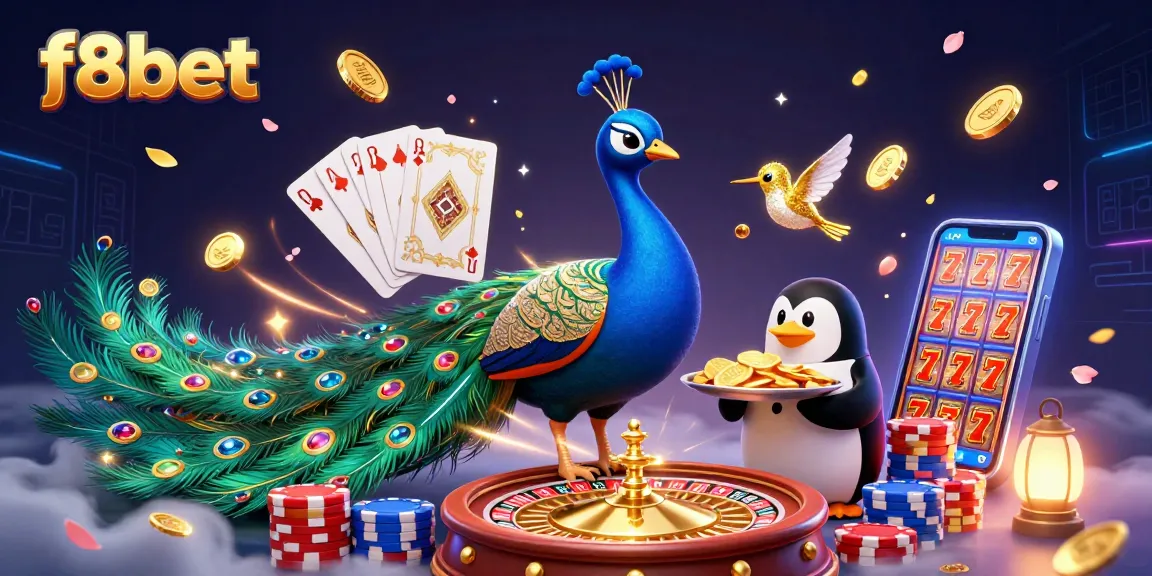 Experience f8bet's vibrant 3D casino world with peacock and penguin amidst golden chips and gems