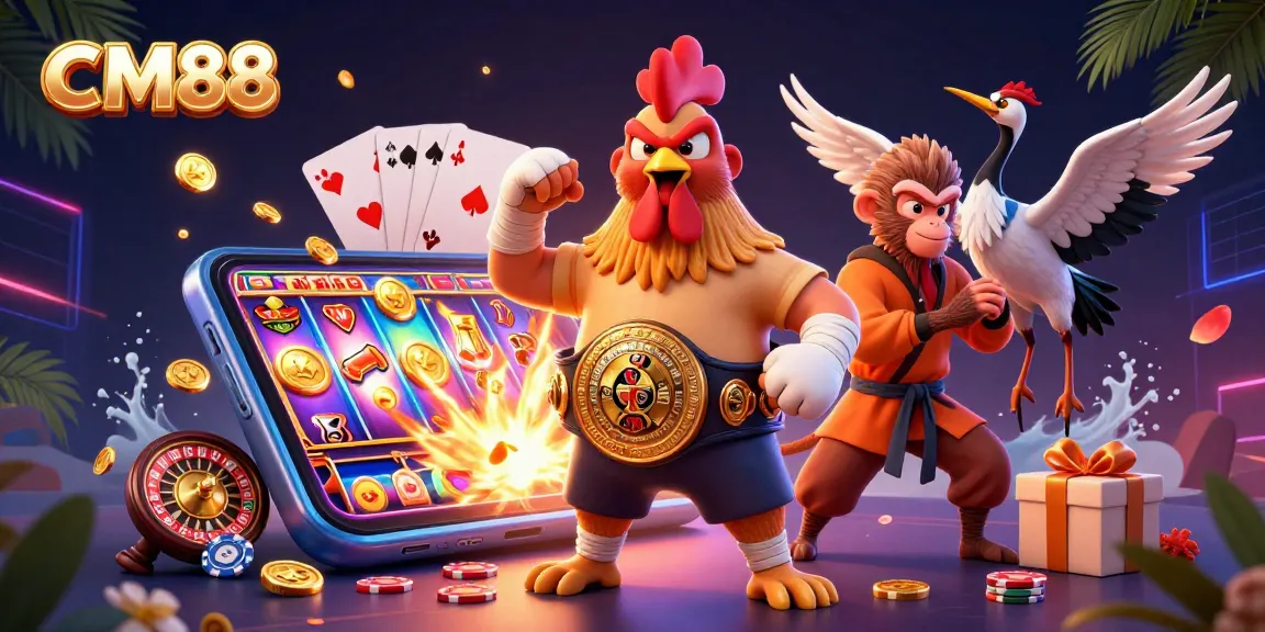 CM88 showcases a vibrant casino scene with a Muay Thai rooster, a Shaolin monkey, and a wise crane amidst exciting gambling elements.