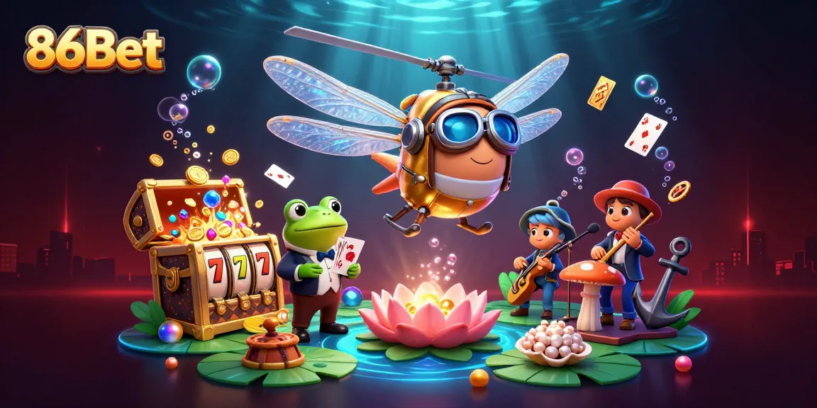 Experience 86Bet's dynamic gaming world with a vibrant casino scene filled with characters and action.