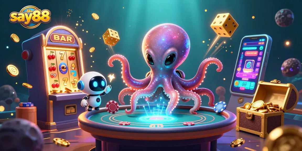 Engage with say88 through an exciting 3D illustration of an alien octopus at a poker table surrounded by casino elements.
