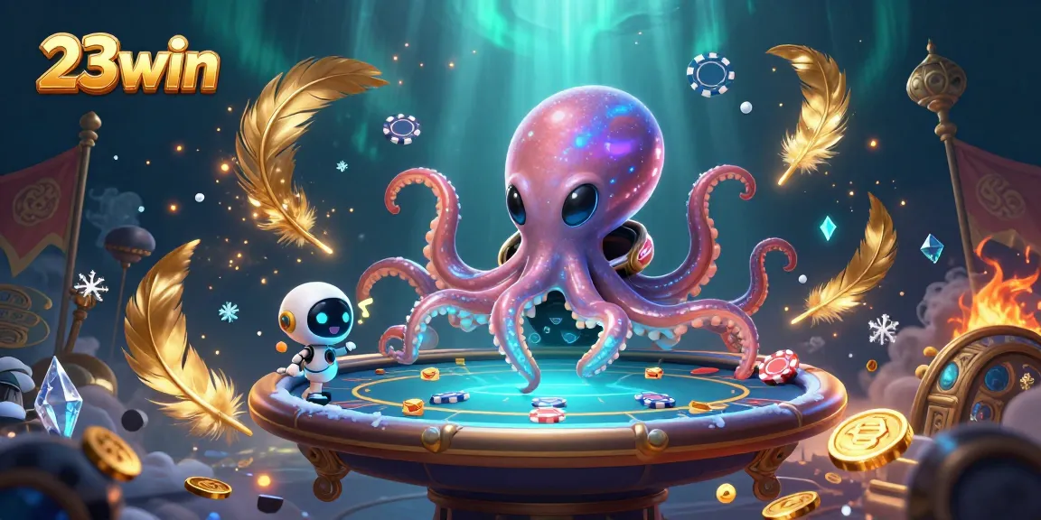 Engage with the 23win alien octopus at a holographic poker table amid cosmic gaming action.