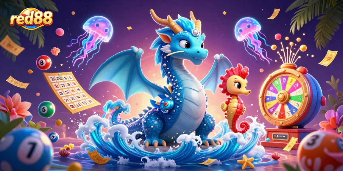 Experience the excitement of red88 with a vibrant illustration showing a dragon, seahorse knight, and lottery elements.