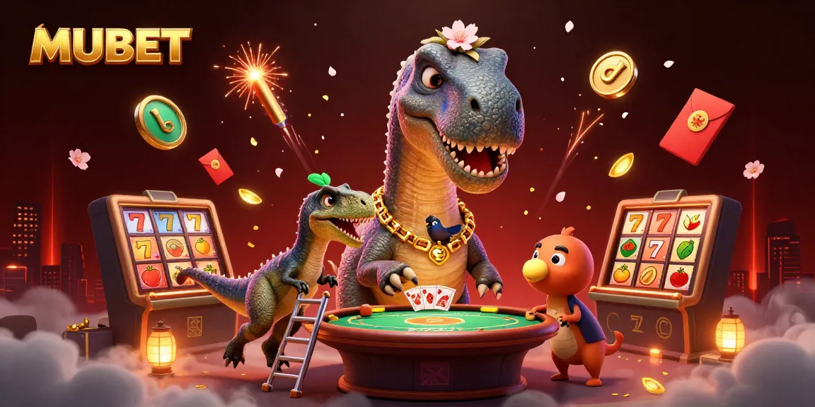 Experience MUBET like never before with a dynamic illustration featuring a playful brontosaurus amidst a lively casino.