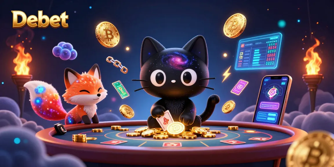 Debet offers a vibrant cosmic casino experience with animated characters, golden chips, and colorful coins.
