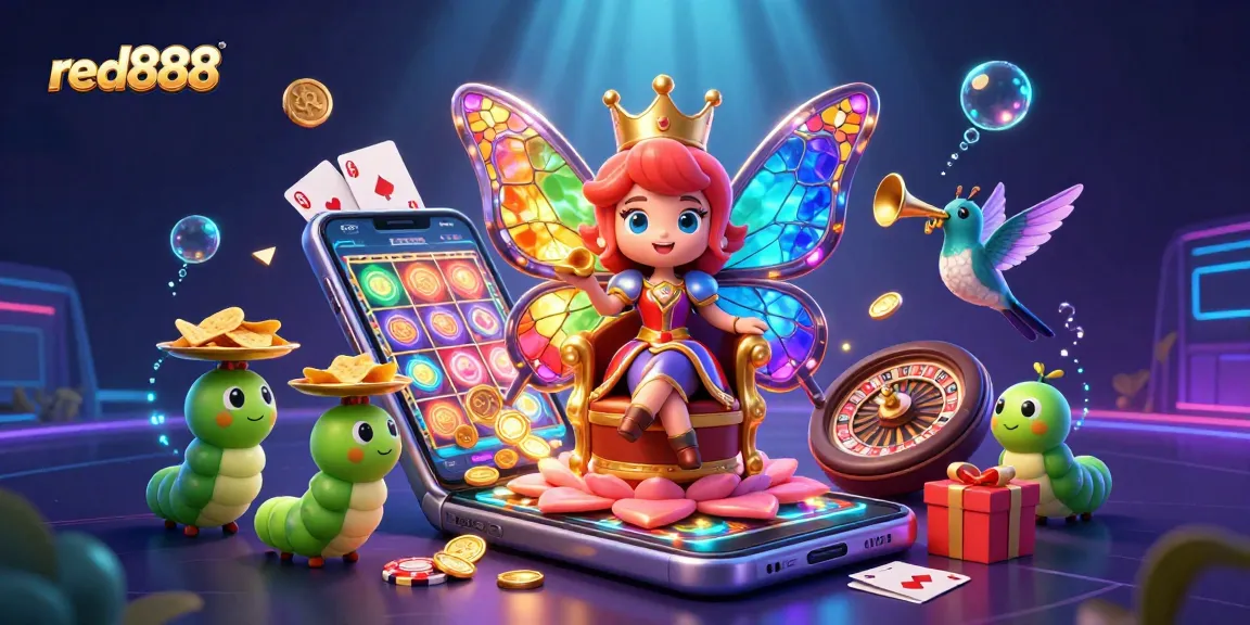 Experience the magic of red888 with an enchanting butterfly queen in a captivating casino scene.