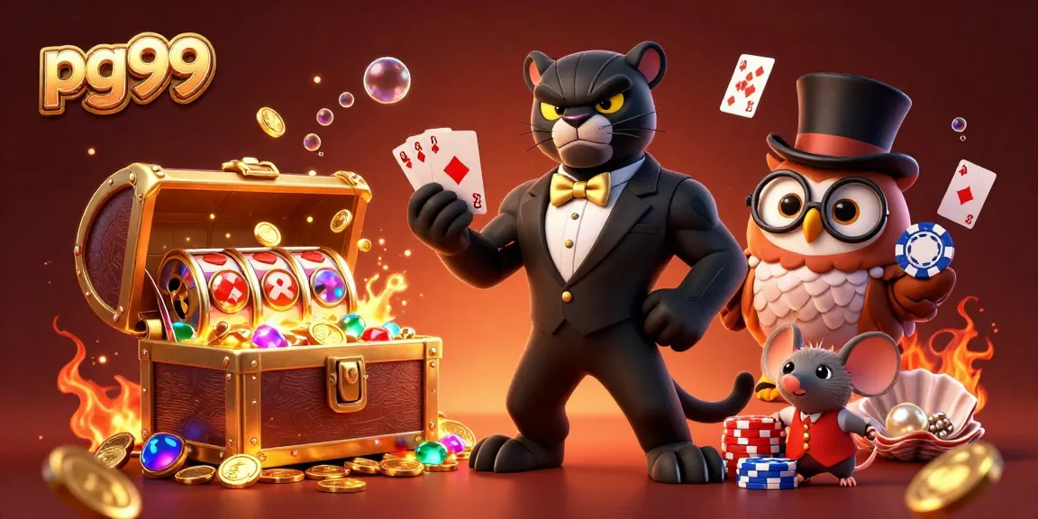 Experience thrilling gaming at pg99 with a stylish black panther dealing cards in a vibrant casino scene.
