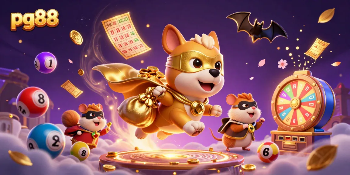 pg88 showcases a thrilling cartoon scene of a superhero dog and hamster celebrating with animated lottery elements and vibrant casino flair.