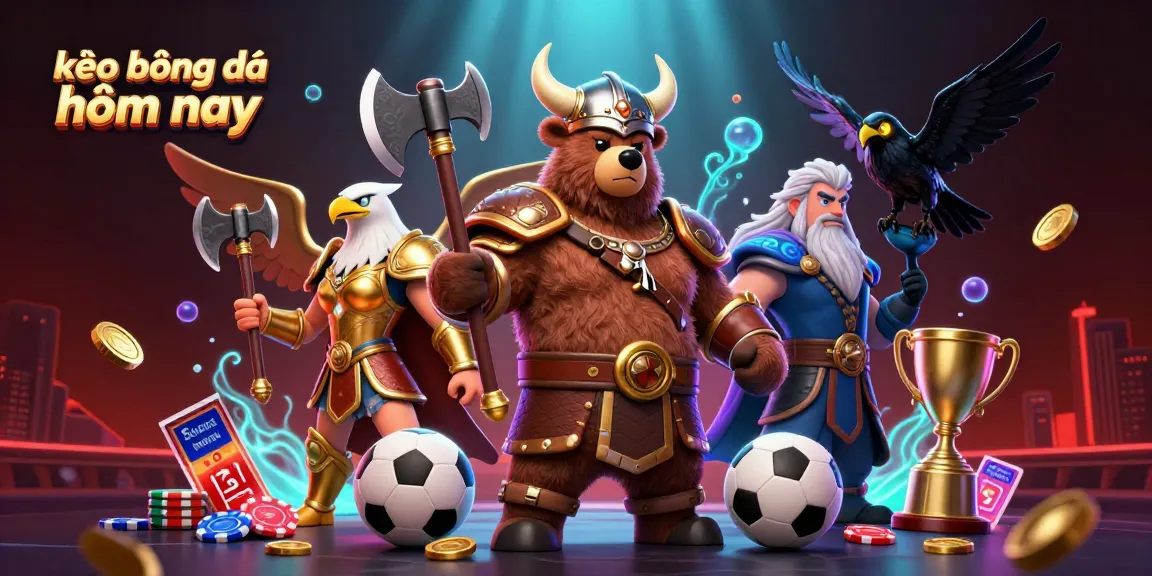 Engage with kèo bóng đá hôm nay highlights featuring Viking characters amidst dynamic sports betting elements.