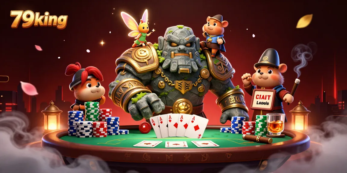 Engage in thrilling poker action at 79king with vibrant characters and casino elements.