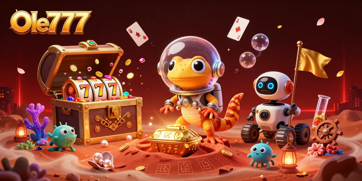 Experience dynamic games at Ole777 with a Martian gecko discovering treasure in a colorful casino scene.